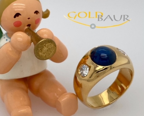 Safir-Ring, Brilanten, Bandring, 750/Gelbgold, Handarbeit