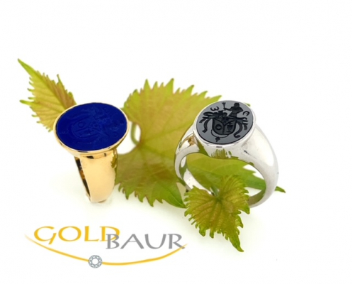 Gelbgold Ring, Weißgold Ring, Lapislazuli, Onyx, Siegelring, Handgefertigt, Wappen, Gravur, Herrenschmuck